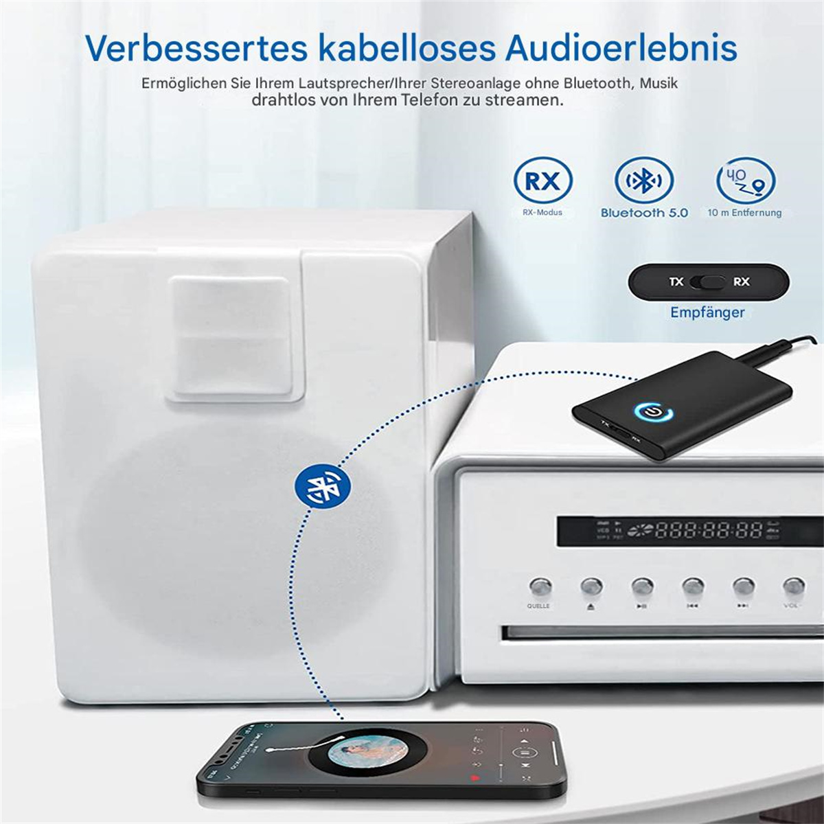 Ein schwarzes Gerät mit einem Telefon, das Musik anzeigt, und einem weißen Lautsprecher. Text: Wireless Audio.