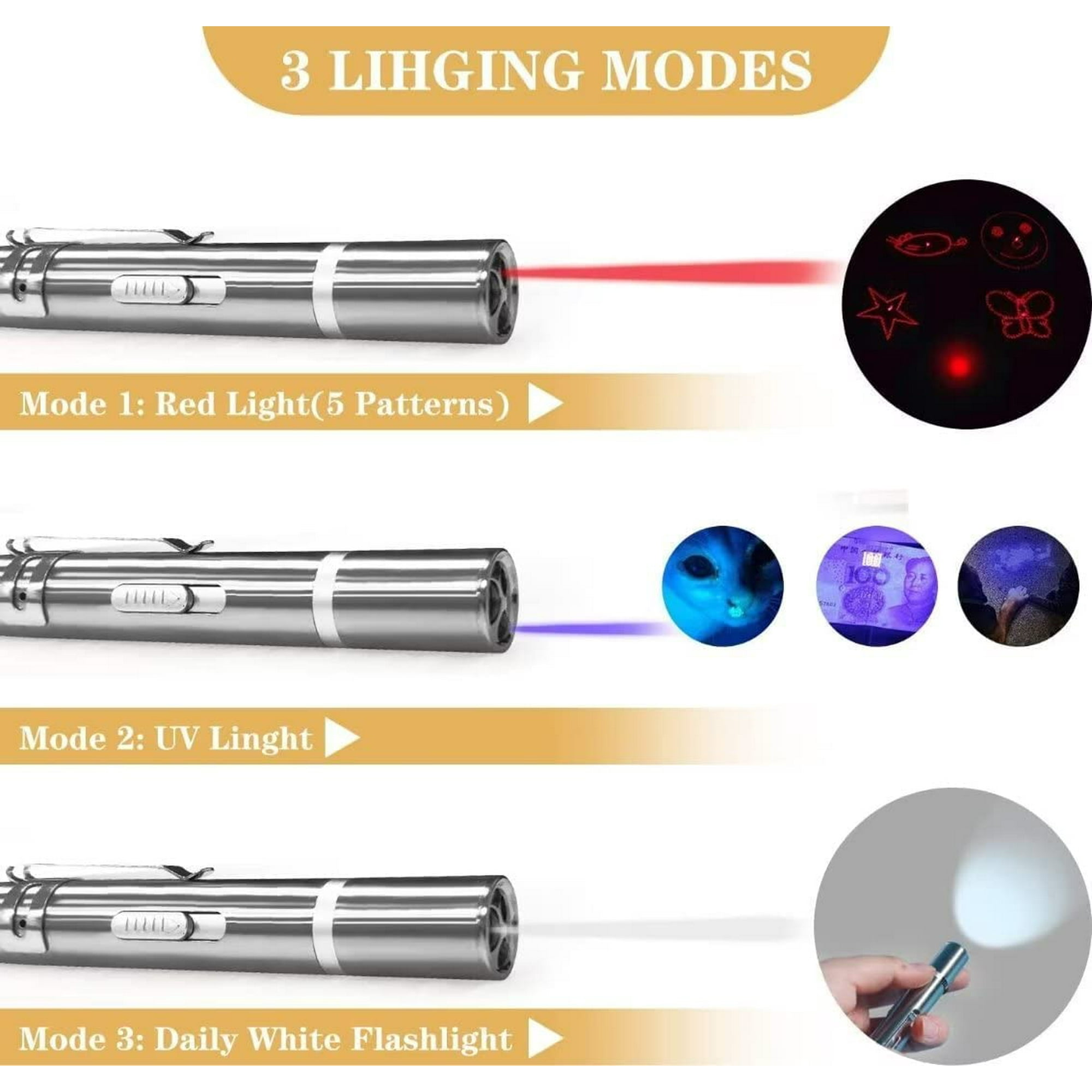 Ein silberner Laserpointer mit drei Modi: rotes Licht, UV-Licht und tägliche weiße Taschenlampe. Jeder Modus hat unterschiedliche Effekte.
