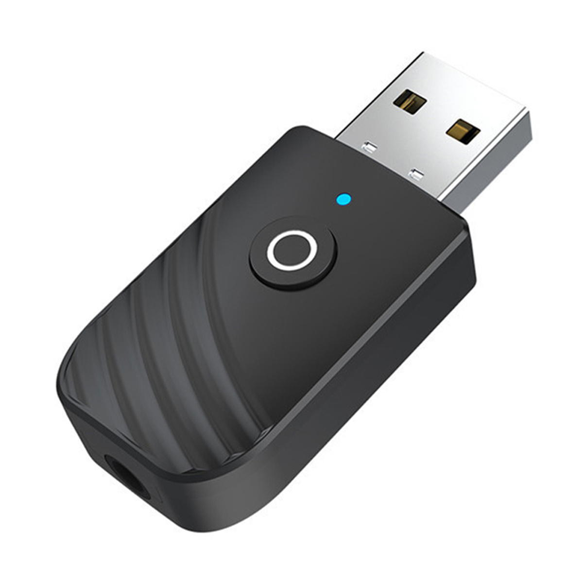 Schwarzer USB-Bluetooth-Adapter mit blauem Licht und Knopf. Weißer Hintergrund.