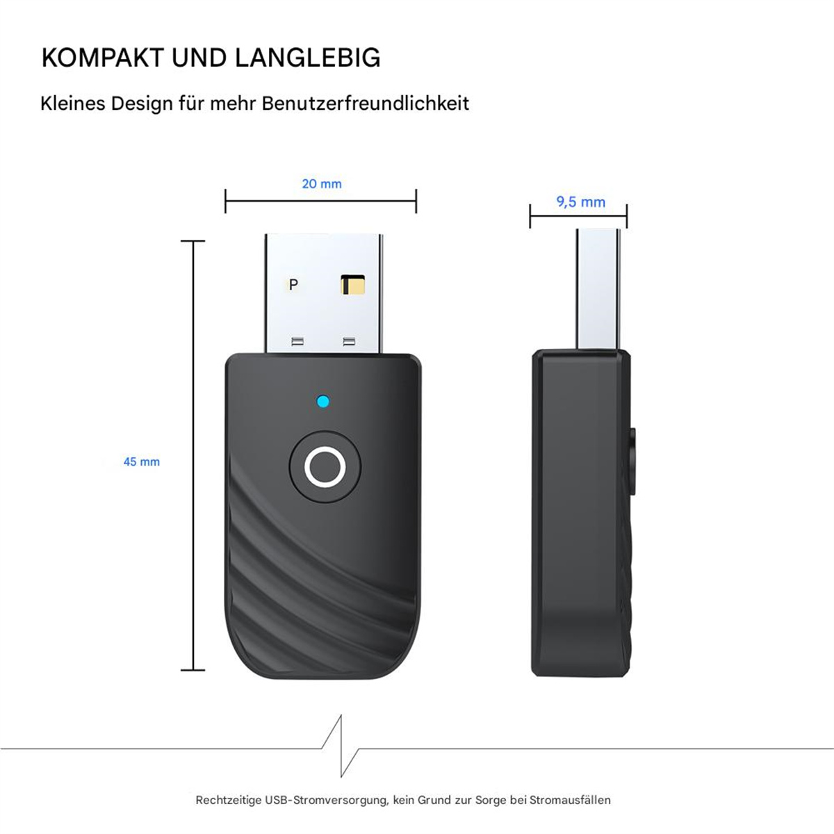 Ein schwarzer USB-Adapter mit Abmessungen. Er ist für USB-Anschluss gedacht.