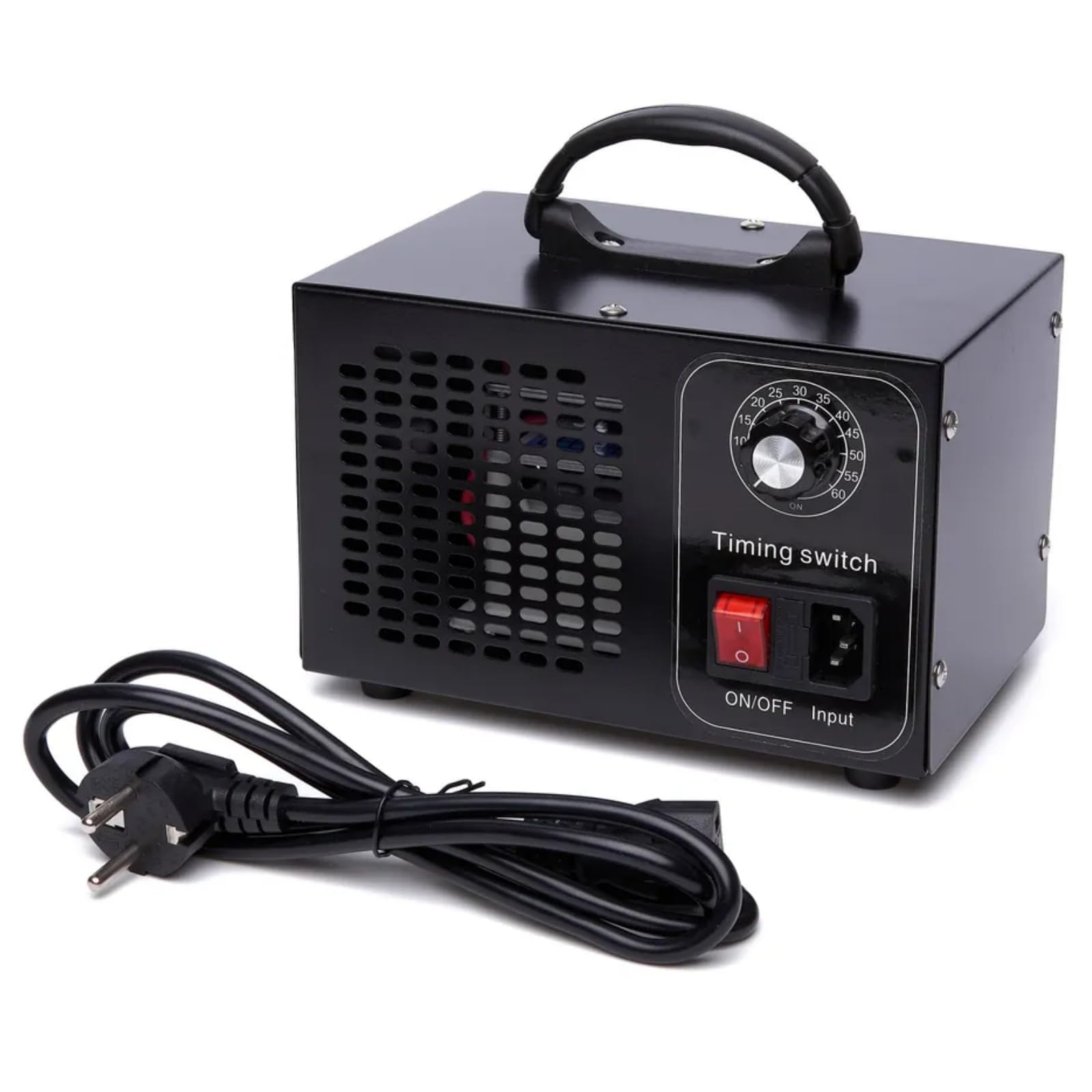 Schwarzer Ozongenerator mit Griff und Netzkabel. Weißer Hintergrund.