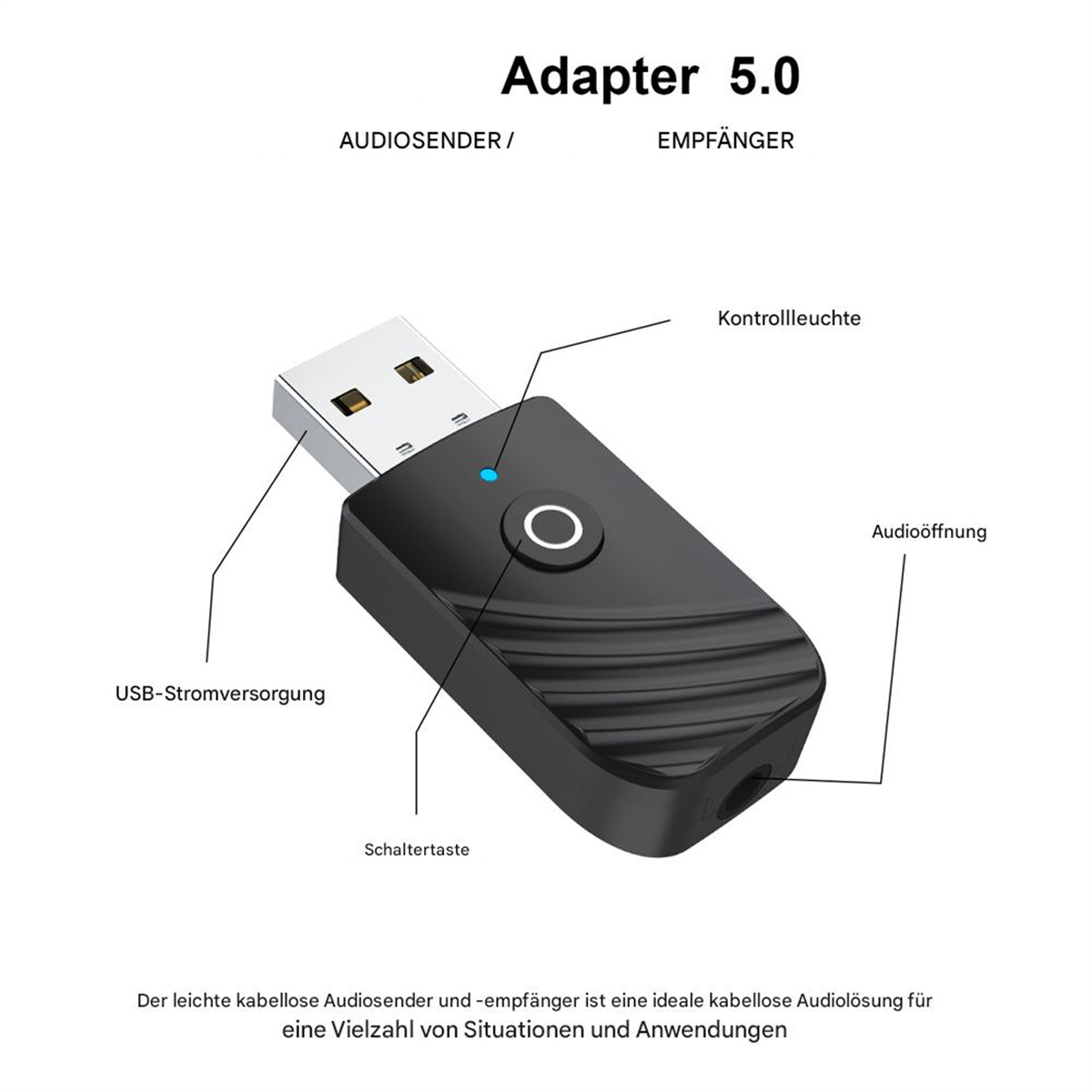Ein Adapter mit USB- und Audioanschlüssen, mit Textbeschriftungen auf Deutsch.