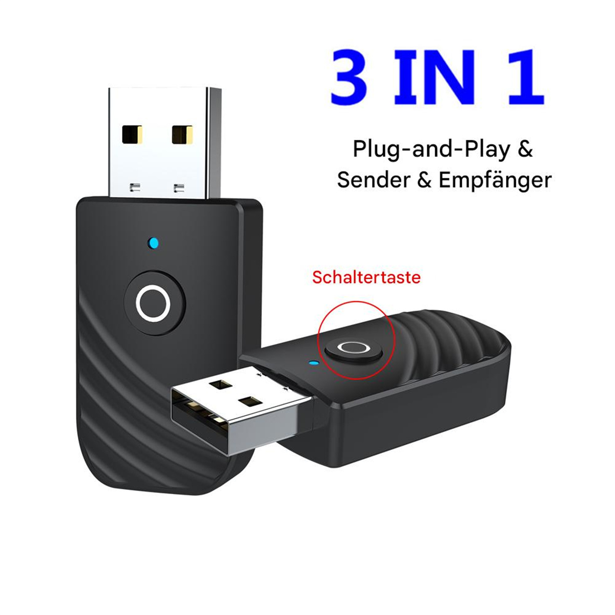 Ein 3-in-1-USB-Adapter mit rundem Knopf und USB-Anschluss. Der Text lautet: Plug-and-Play.