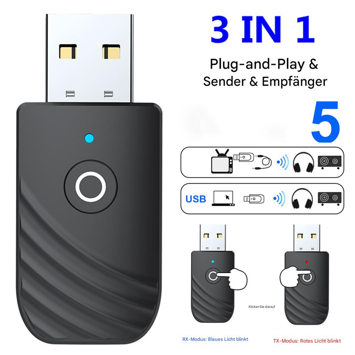 Ein schwarzer 3-in-1-USB-Adapter mit USB-Ende. Er hat eine Taste und eine Lichtanzeige. Zeigt RX- und TX-Modi.