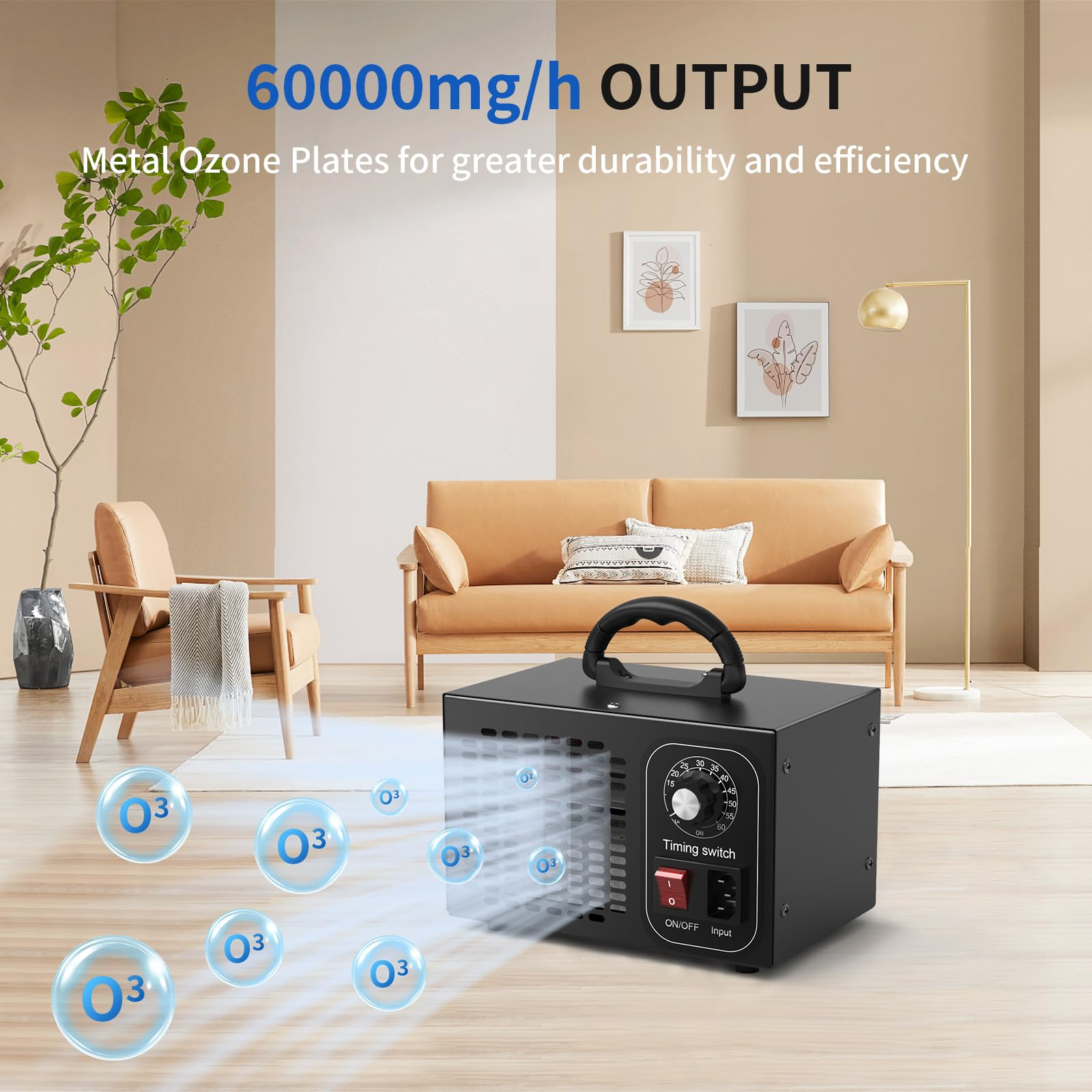 Schwarzer Ozongenerator, schwarzer Griff, mit blauen Blasen. Text zeigt 60000 mg/h Leistung. Beiger Hintergrund.