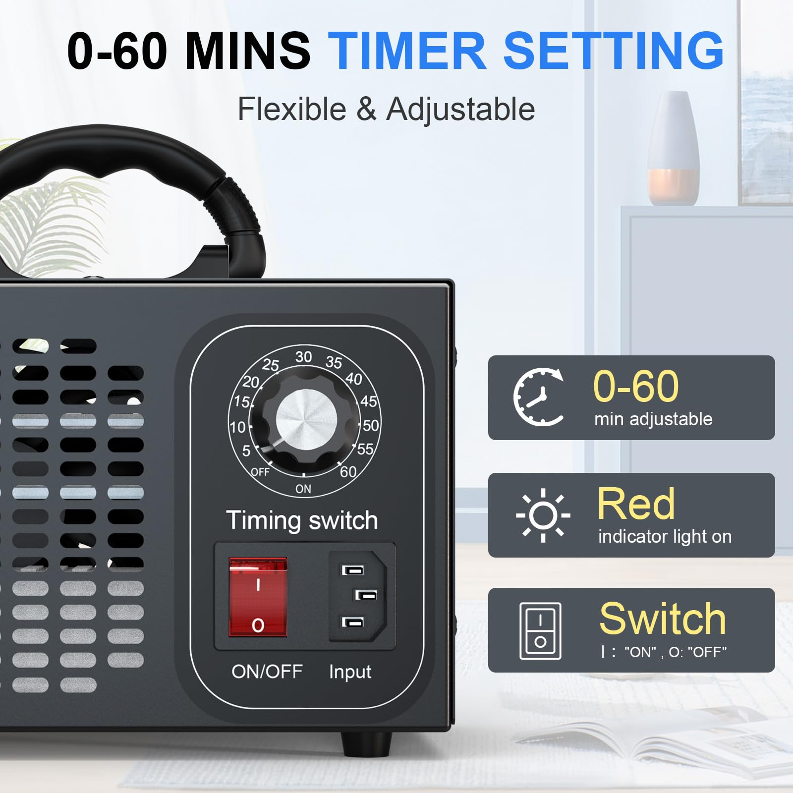 Schwarzer Ozongenerator mit Timer, Schalter und Kontrollleuchte auf weißem Hintergrund.