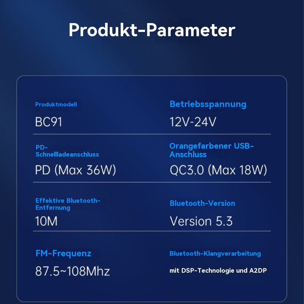 Ein Produktparameterblatt mit Details zu einem Ladegerät, einschließlich Spannung, Bluetooth-Version und Frequenz.