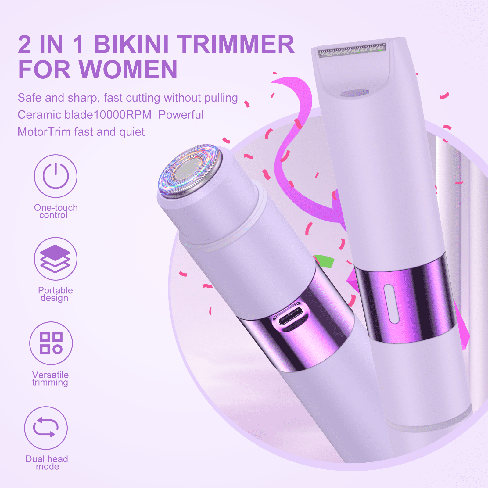 Ein elektrischer Bikini-Trimmer. Er ist weiß und lila, mit Symbolen, die Funktionen zeigen.