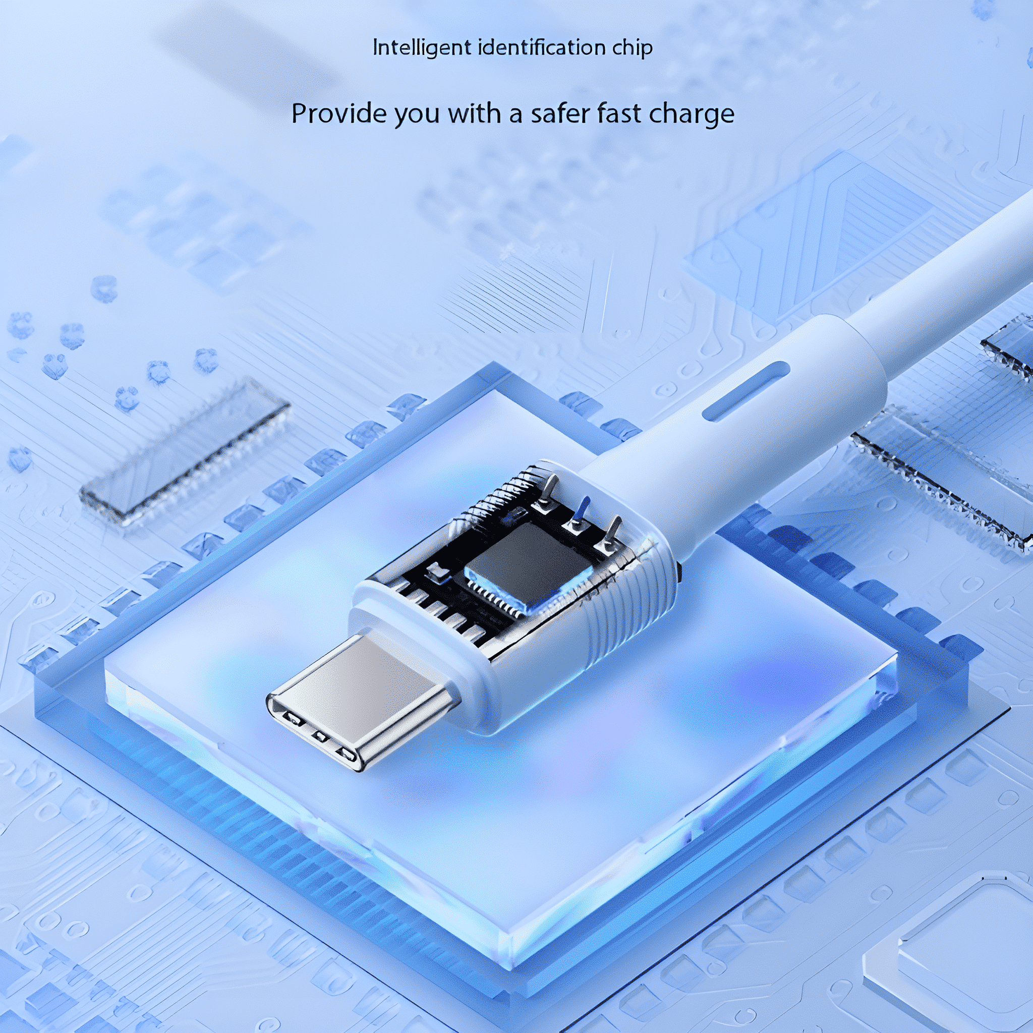 Ein weißes Ladekabel mit USB-C-Anschluss, das eine integrierte Schaltung zeigt.