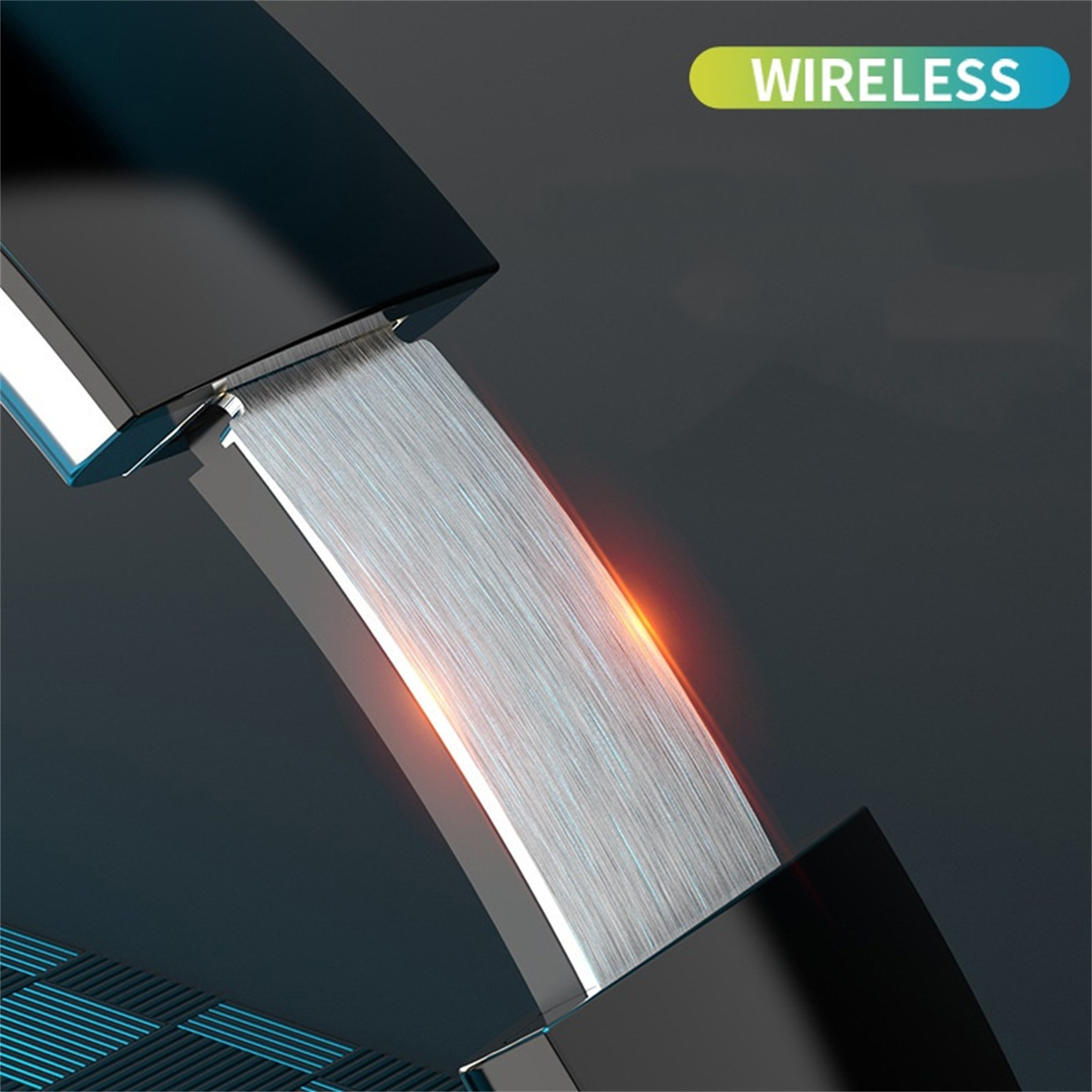 Nahaufnahme eines Kopfhörergelenks mit silberner Metalloberfläche und dem Wort WIRELESS.
