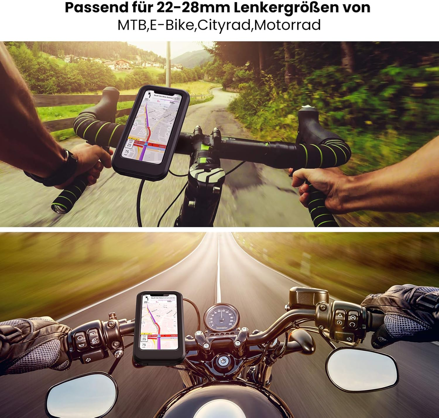Zwei Fahrräder, die Telefonhalterungen mit Navigation zeigen. Eins auf einem Fahrrad, das andere auf einem Motorrad.