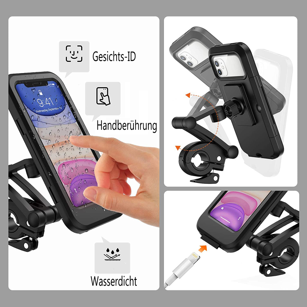 Telefon in Hülle mit Halterung am Fahrradlenker, mit Funktionen.