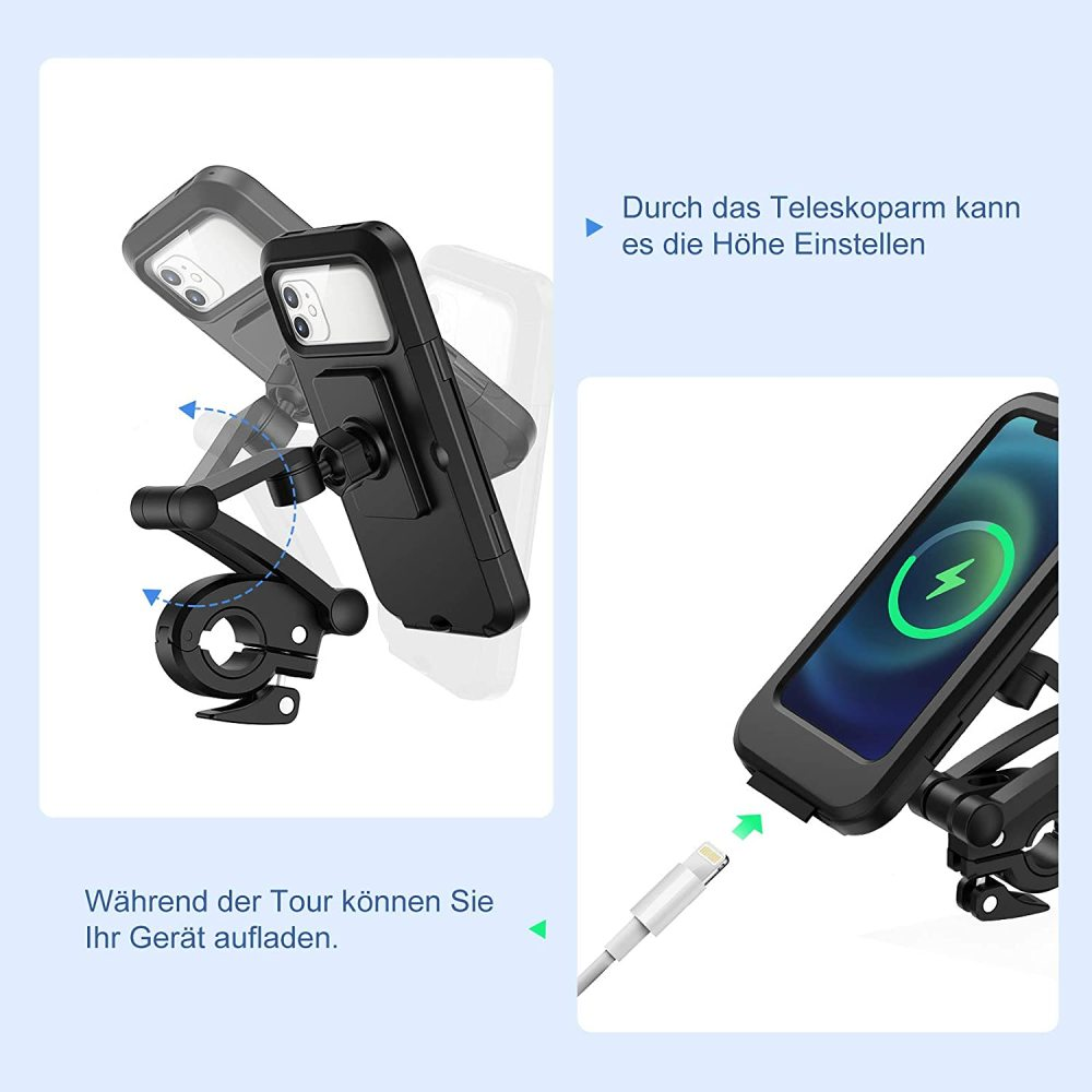 Ein Telefon an einem Fahrradlenker montiert. Das Telefon lädt und zeigt ein Ladesymbol.