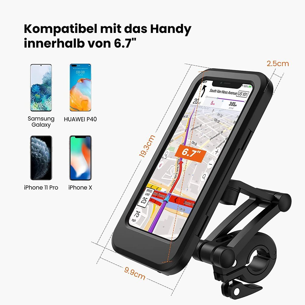 Telefonhalterung mit Telefon und Kartenanzeige. Text zeigt Abmessungen und Telefonbeispiele.