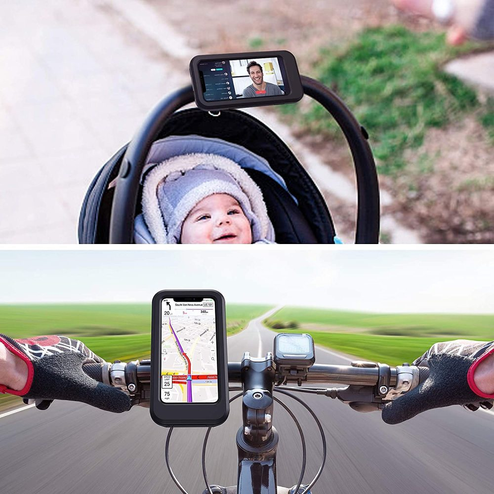 Oben: Baby im Kinderwagen mit Videoanruf. Unten: Radfahrer mit Telefon, das Karte zeigt, fährt auf der Straße.