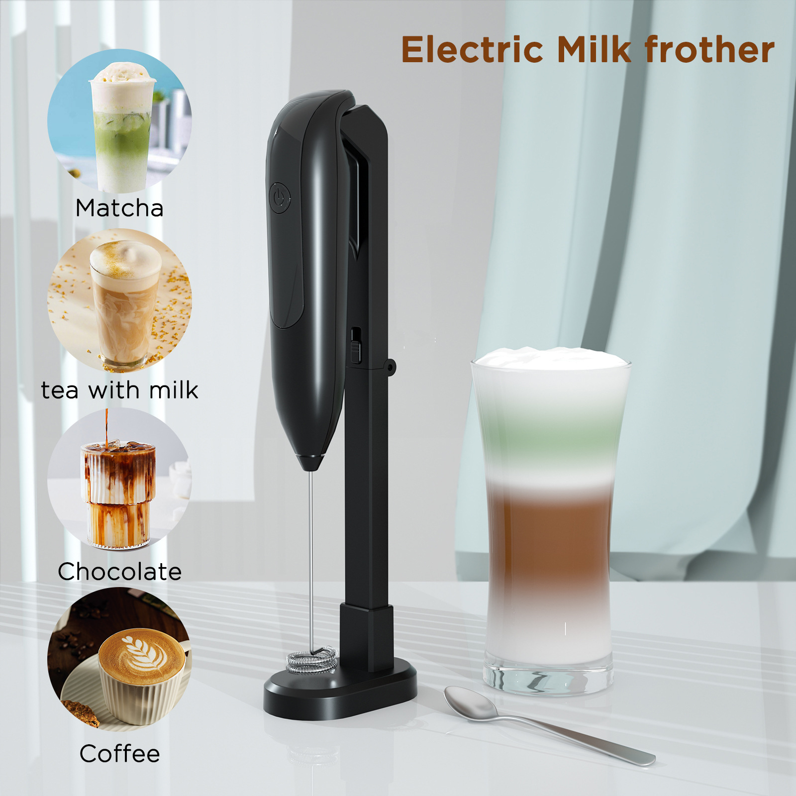 Elektrischer Milchaufschäumer mit verschiedenen Getränken. Kaffee, Tee mit Milch usw. Weißer Hintergrund.