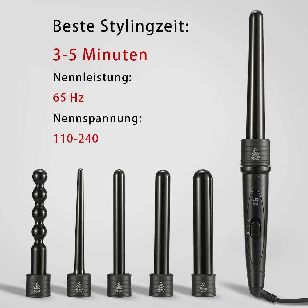 Ein Lockenstab mit austauschbaren Aufsätzen, mit Text zur Stylingzeit.
