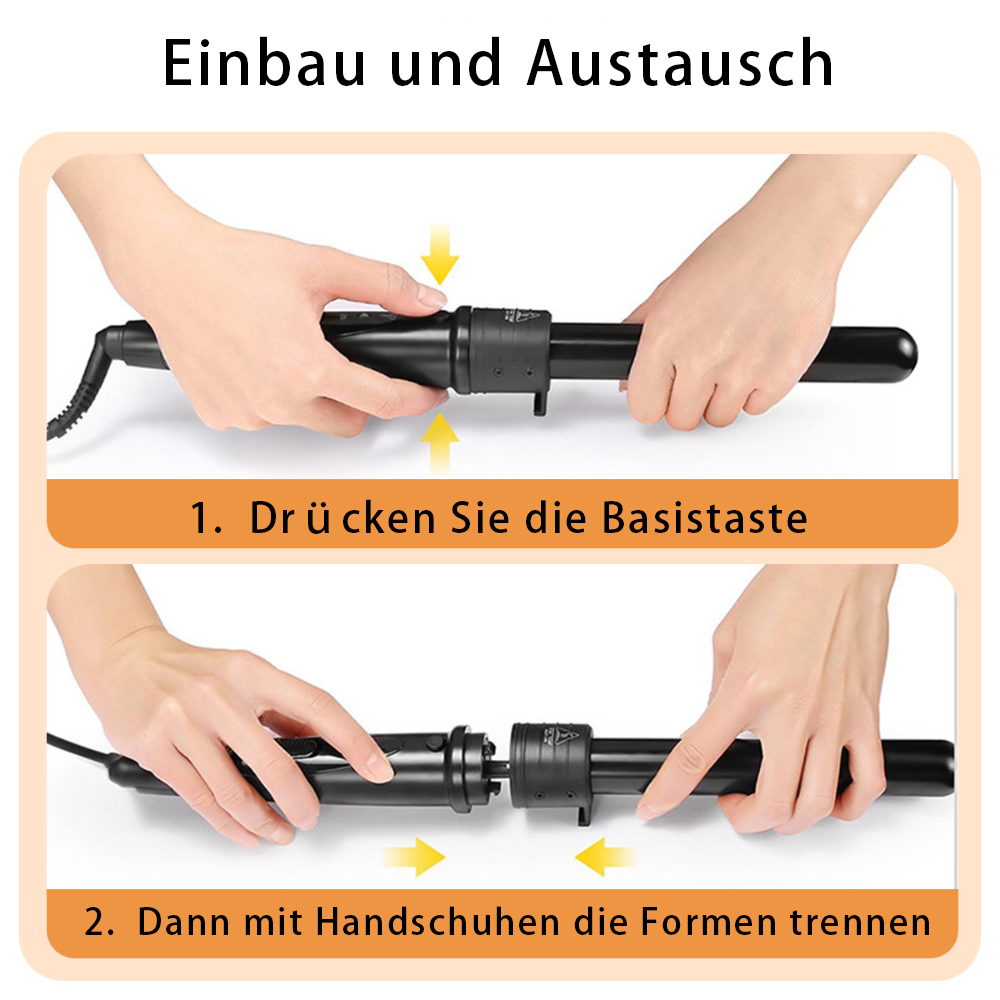 Hände, die einen Lockenstab zusammenbauen, zeigen das Drücken der Basistaste und das Trennen der Teile.