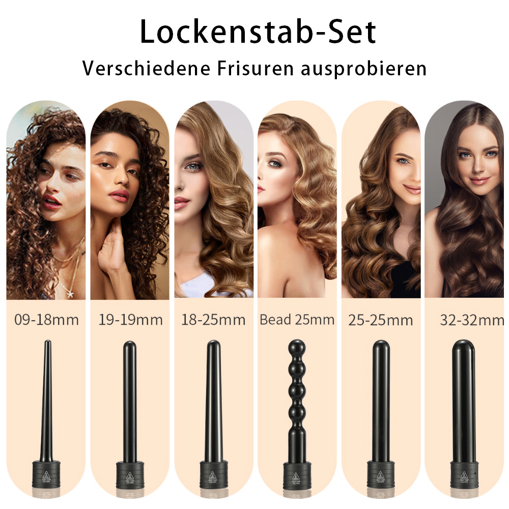 Ein Set Lockenstäbe mit verschiedenen Läufen. Frauen mit verschiedenen Frisuren sind ebenfalls abgebildet.