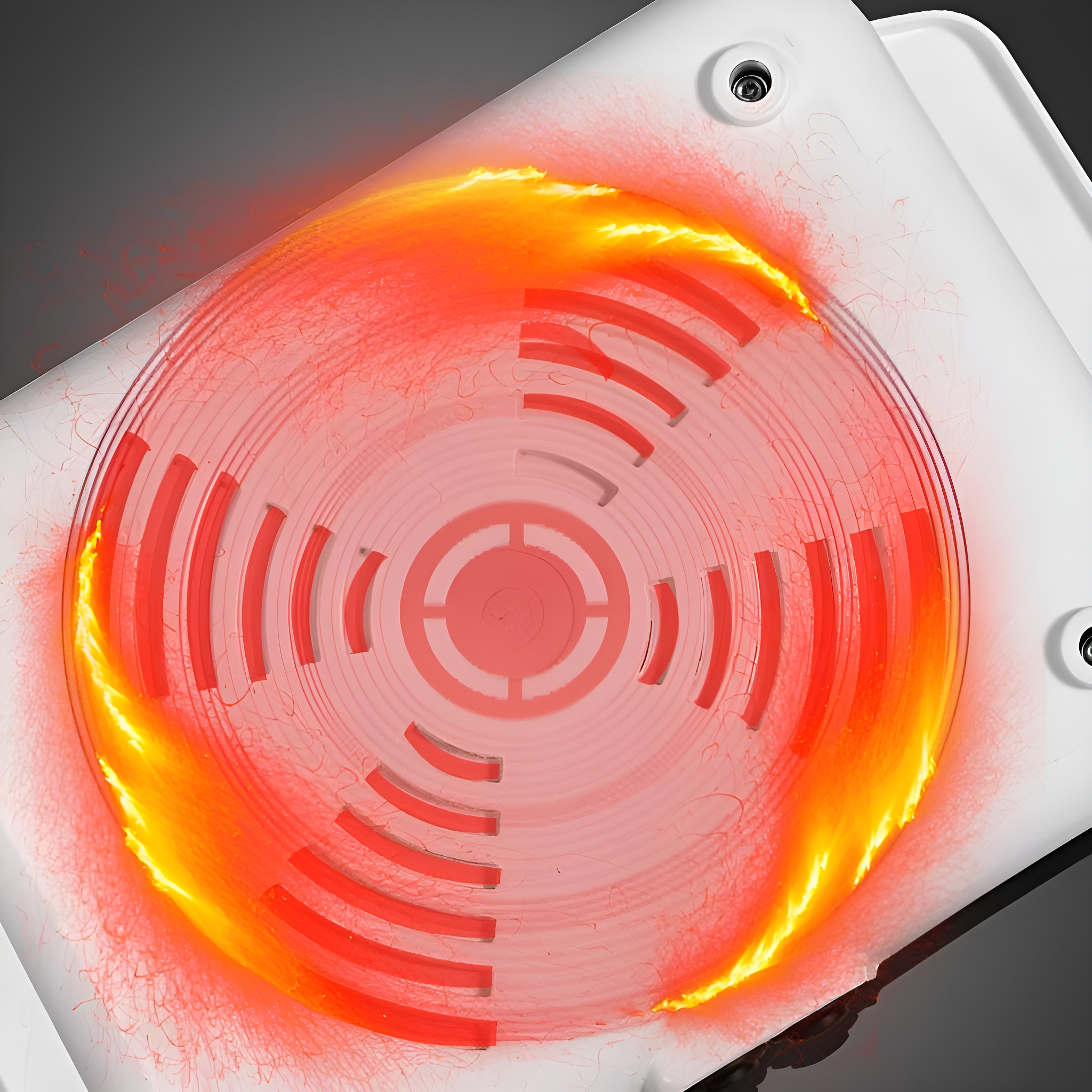 Nahaufnahme eines weißen Elektroherd-Brenners mit rot-orange glühendem Heizelement.