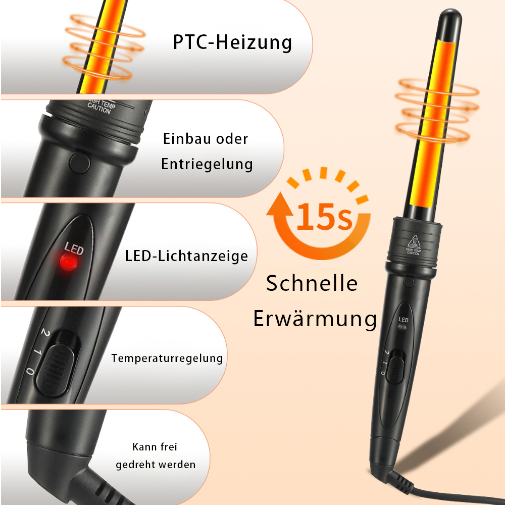 Ein schwarzer Lockenstab mit orangefarbenem Heizelement und Bedienknöpfen. Er ist mit Text beschriftet, der verschiedene Funktionen angibt.