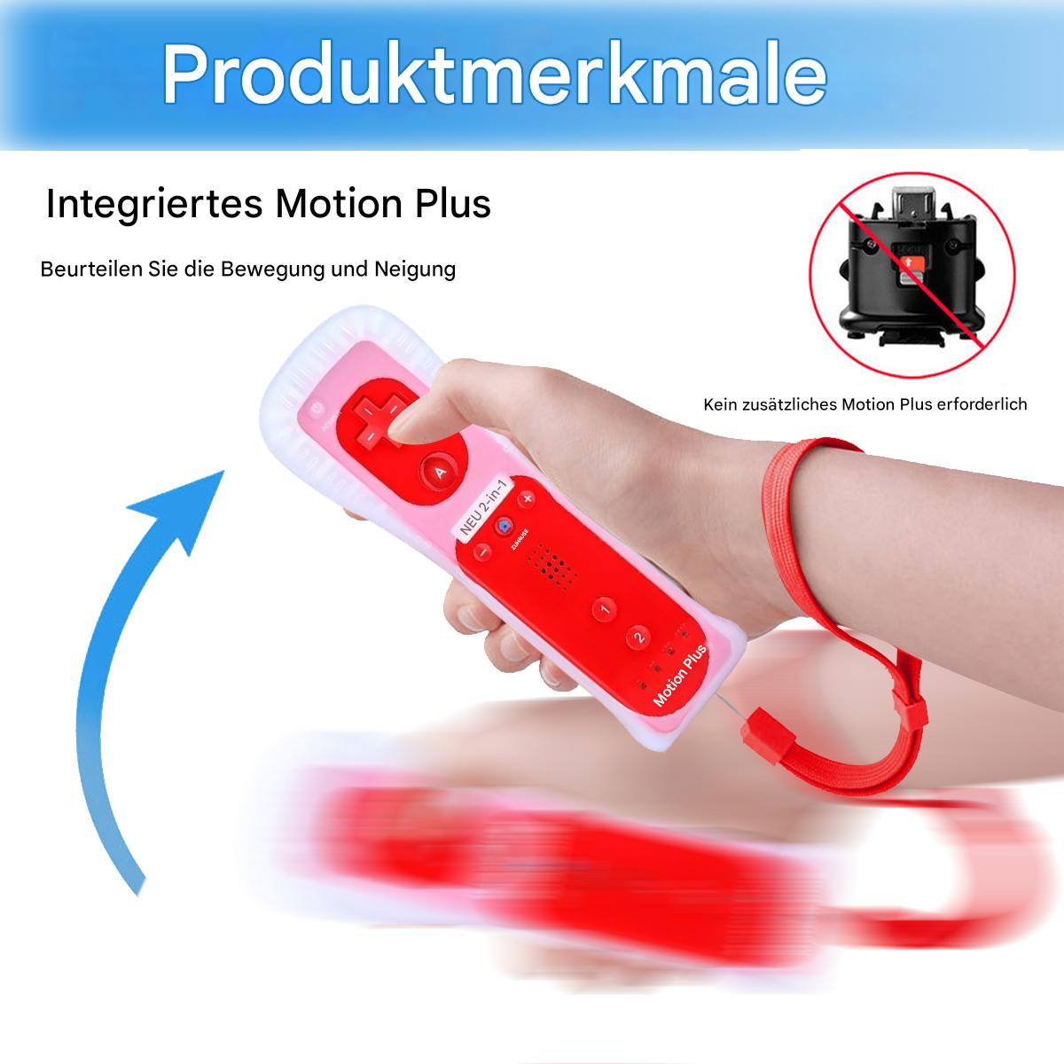 Ein roter Controller mit weißer Abdeckung, zusammen mit einer Grafikanweisung und einer roten Handschlaufe.