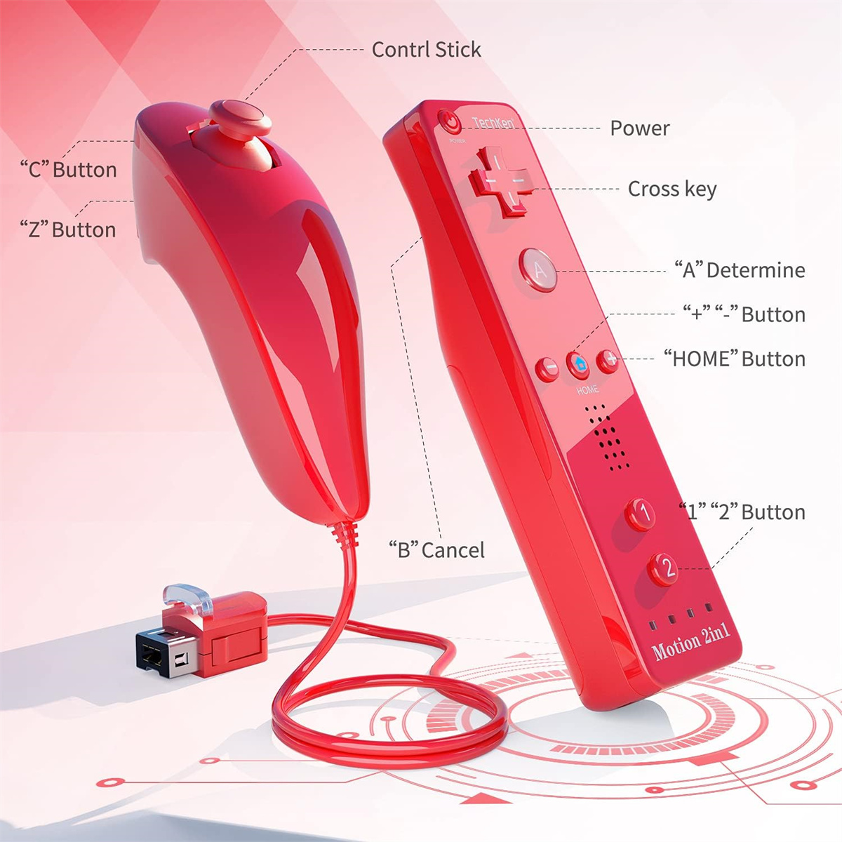 Rote Gamecontroller mit beschrifteten Tasten und einem Verbindungsstück.