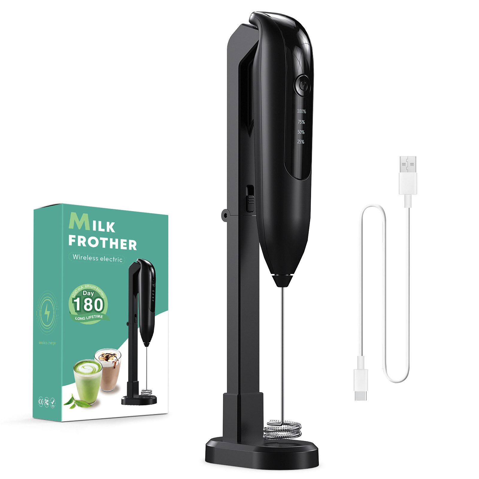 Schwarzer Milchaufschäumer mit Ständer, einer Box und einem USB-Kabel. Auf der Box steht 'Milk Frother'.