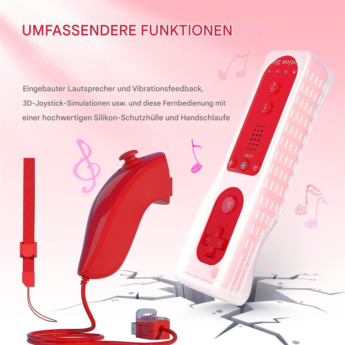 Ein roter Gamecontroller und eine rote Handschlaufe, mit Noten und Text.