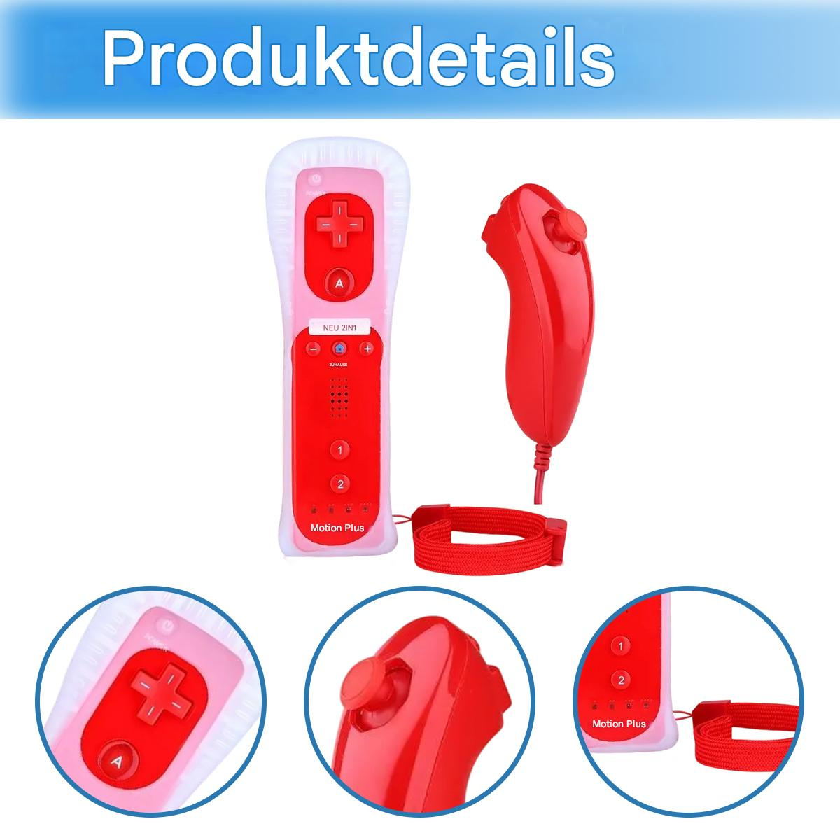 Rote Nintendo Wii-Fernbedienung und zusätzlicher Aufsatz, mit Detailansichten jeder Komponente.