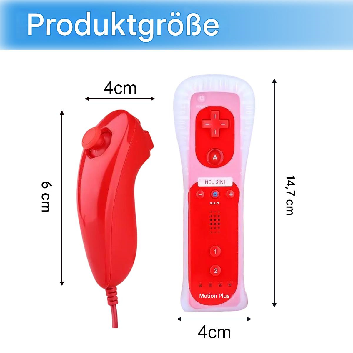 Roter Wii-Controller und weißer Controller mit Maßangaben in cm, auf weißem Hintergrund.