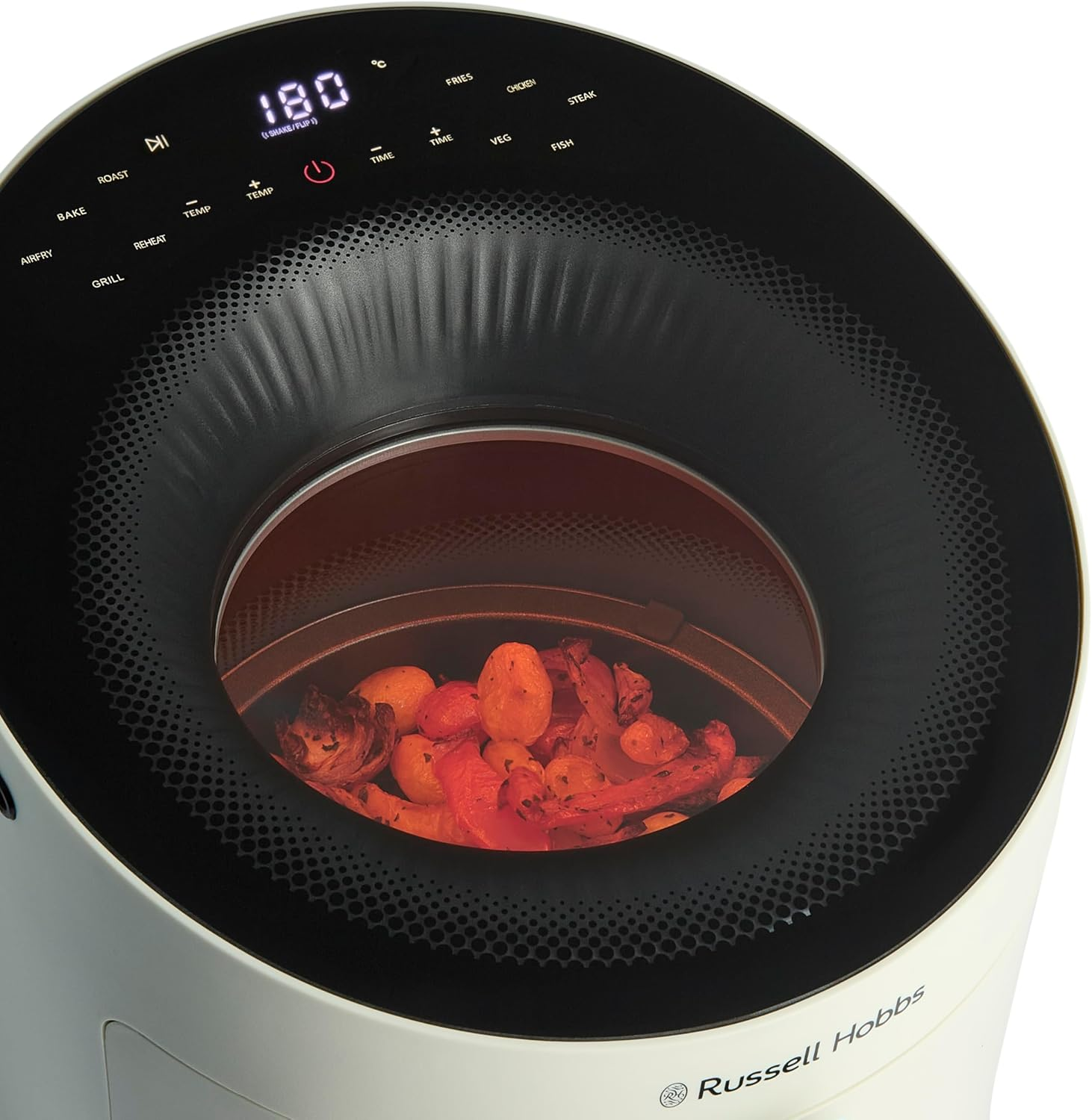 Una friggitrice ad aria con cibo all'interno, con display digitale che mostra la temperatura.
