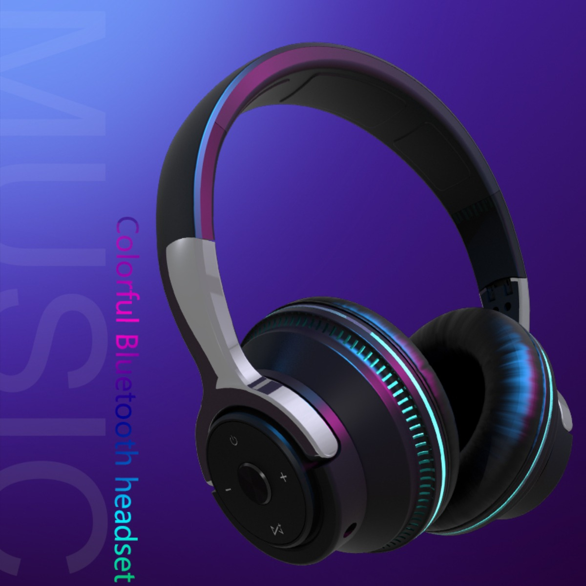 Ein schwarzes und silbernes drahtloses Bluetooth-Headset mit bunten Lichtern und dem Wort 'MUSIC' im Hintergrund.