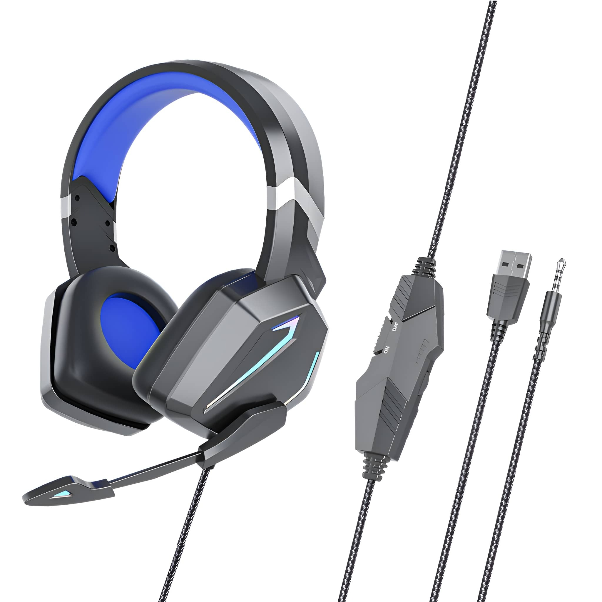 Ein schwarzes und blaues Gaming-Headset mit Mikrofon und Kabel. Es hat eine Lautstärkeregelung.