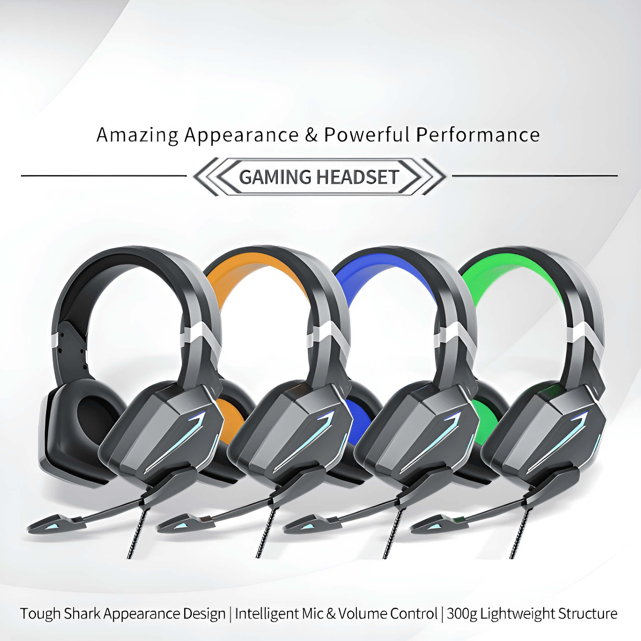 Vier Gaming-Headsets in verschiedenen Farben. Das Design weist eine haifischflossenartige Optik auf.