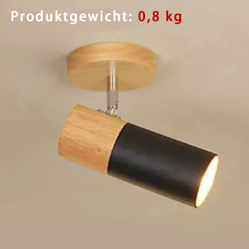 Strahler mit Holz- und schwarzen Teilen, an der Decke montiert, Text oben.
