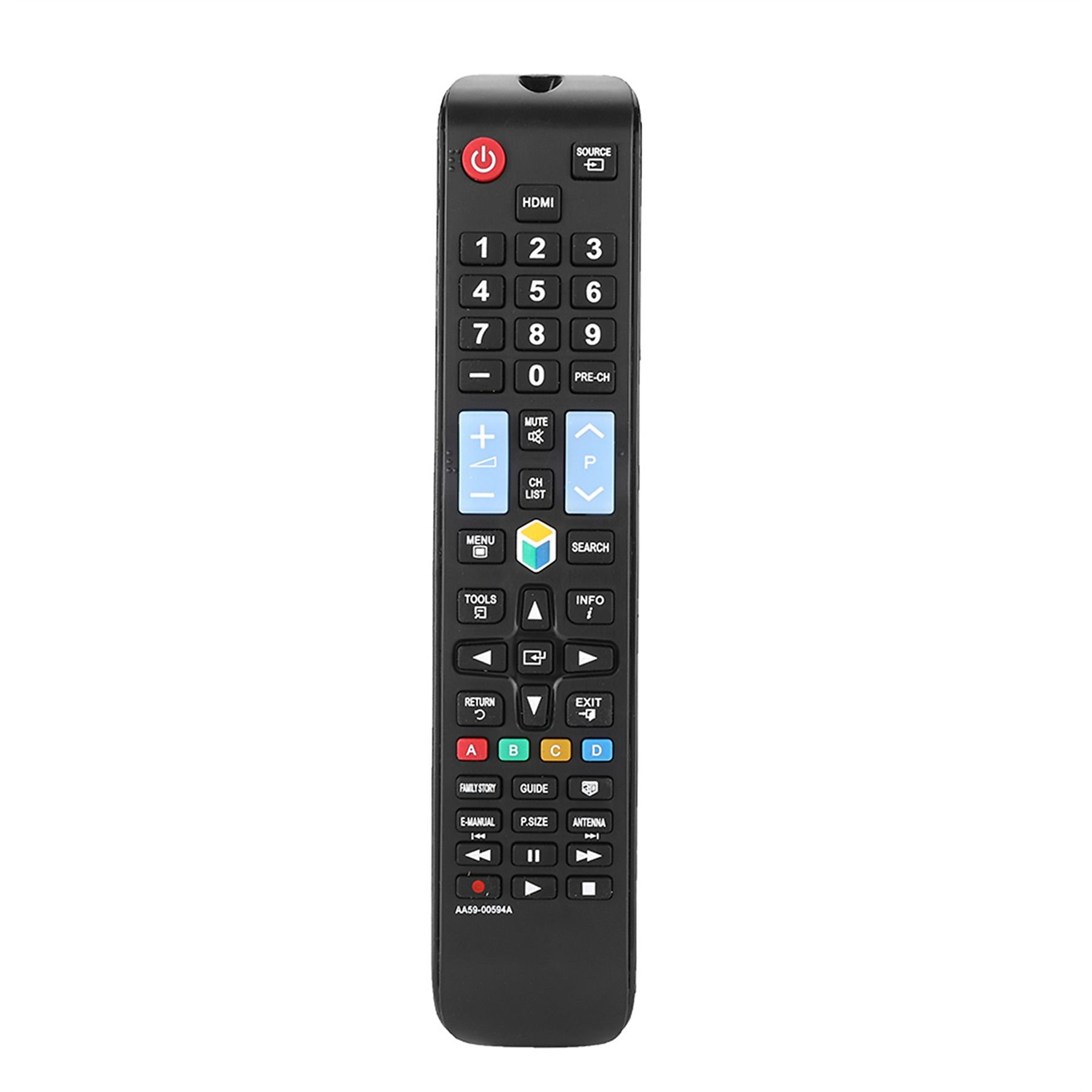 Schwarze TV-Fernbedienung mit Knöpfen und Zahlen, auf weißer Oberfläche.