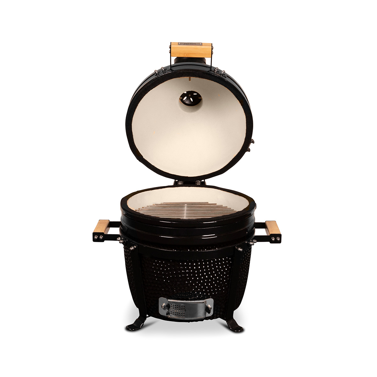 Zwarte keramische grill met houten handvatten, open deksel, witte achtergrond.