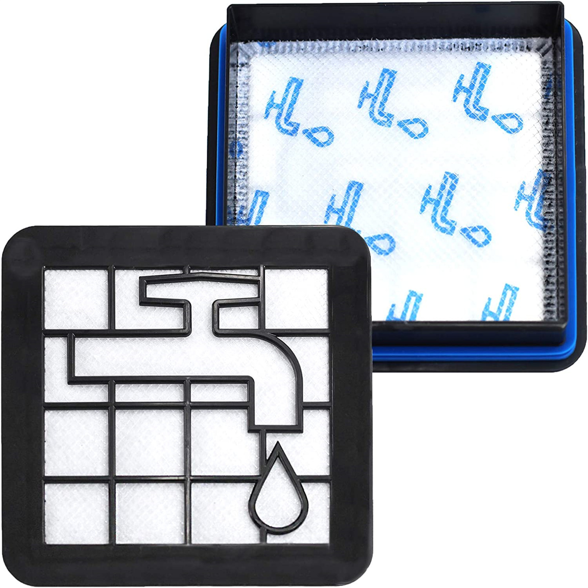 Zwei Filterteile für ein Gerät mit Wasserhahn-Symbol.