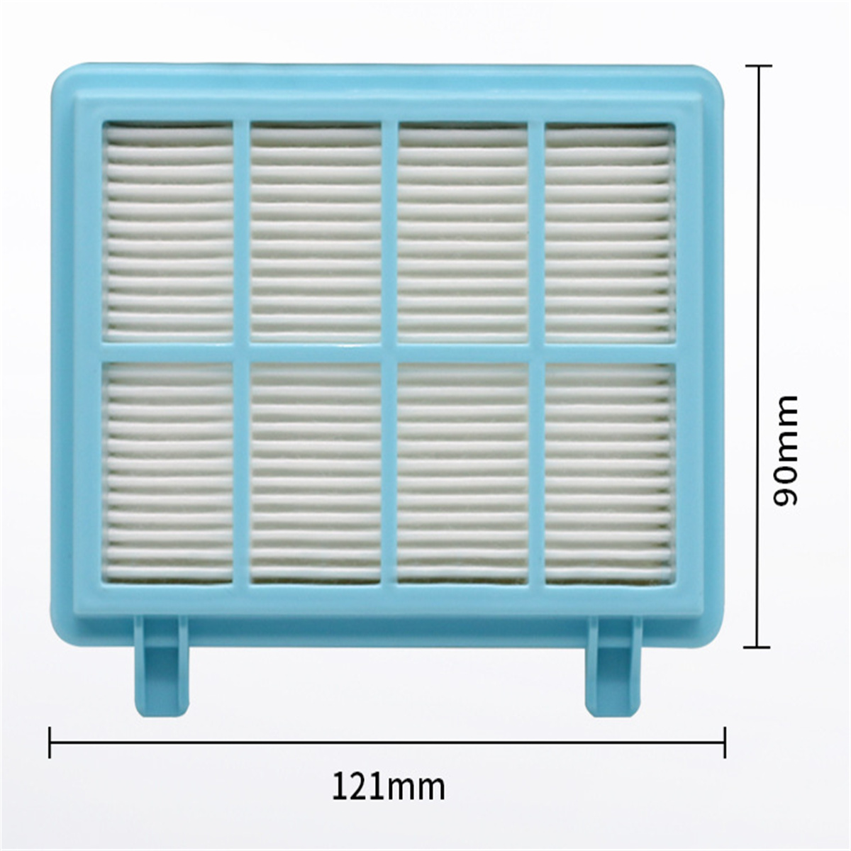 Blauer rechteckiger Luftfilter mit weißem, plissiertem Filtermaterial. Abmessungen: 121 mm x 90 mm.