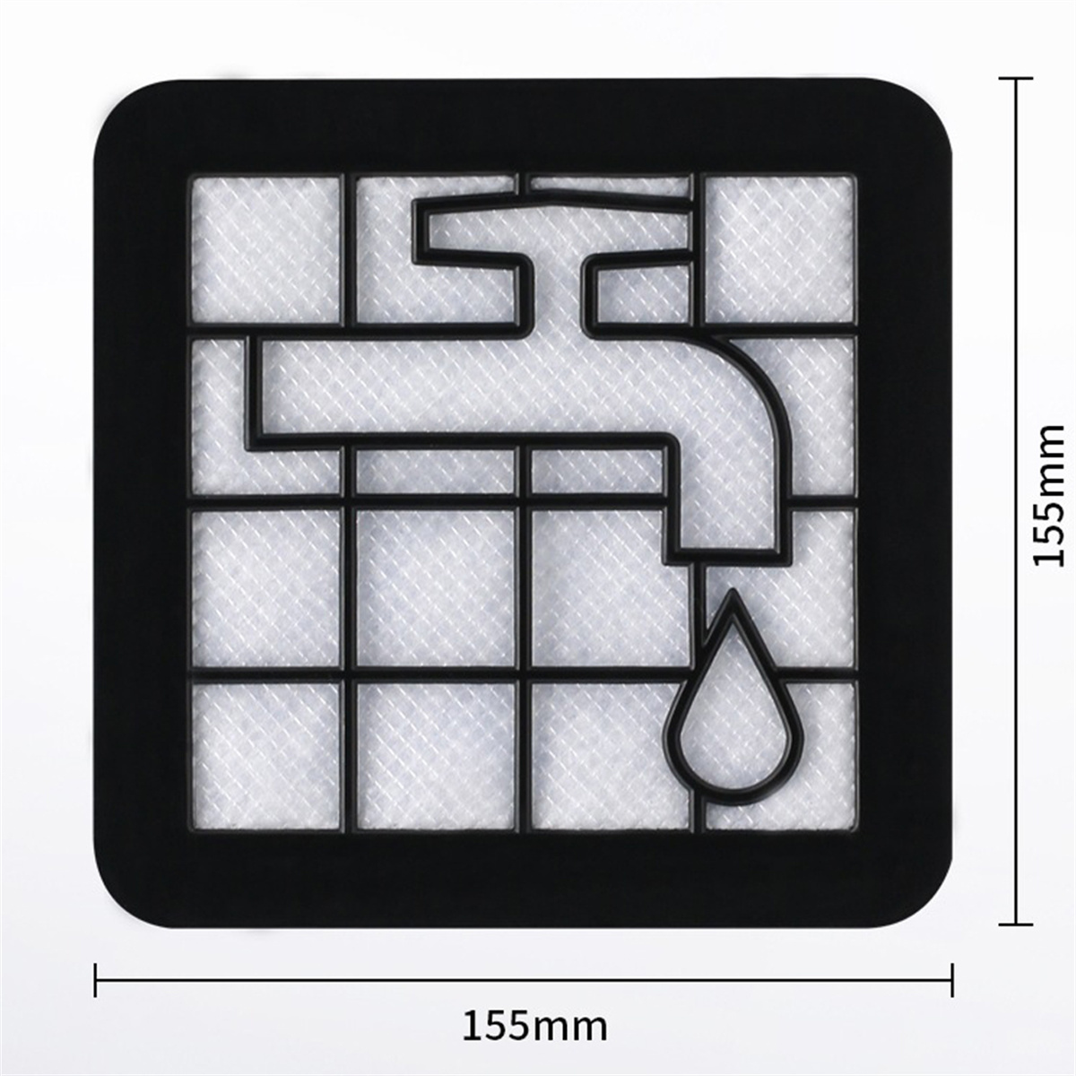 Schwarzer Luftfilter mit Wasserhahn-Grafik. Weißer Filter innen. Quadratische Form mit beschrifteten Abmessungen.