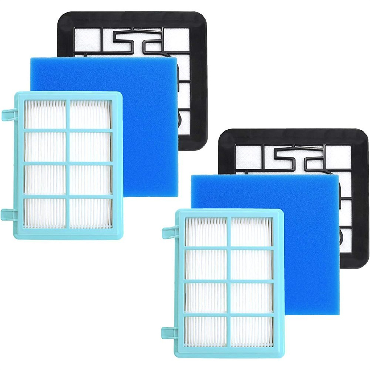 Zwei Luftfilter-Sets: zwei Filter und blauer Schaumstoff mit schwarzen Rahmen, angeordnet auf weißem Hintergrund.