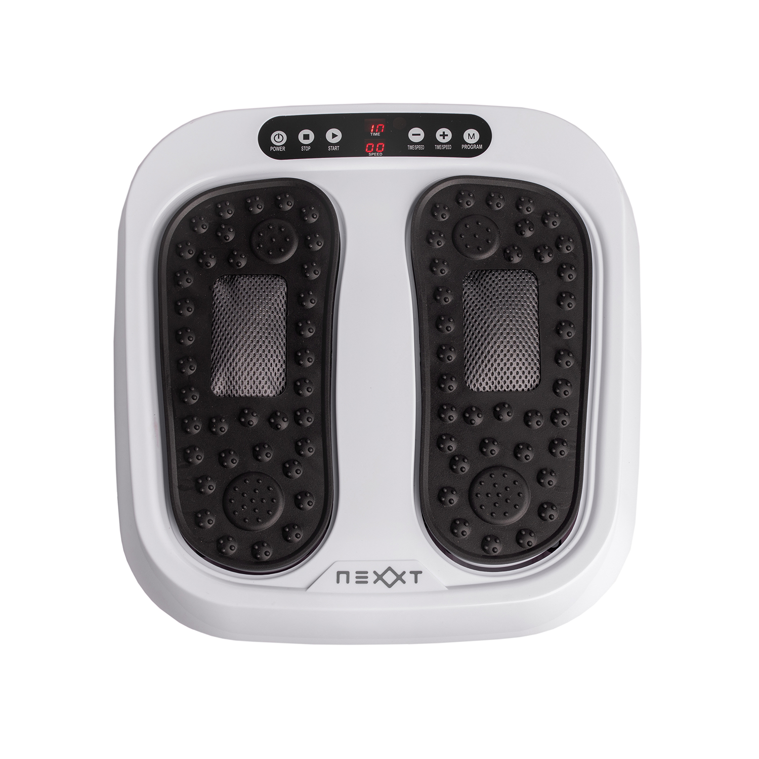 Foot massager with black footbeds and white exterior. Buttons for power, stop, and program.