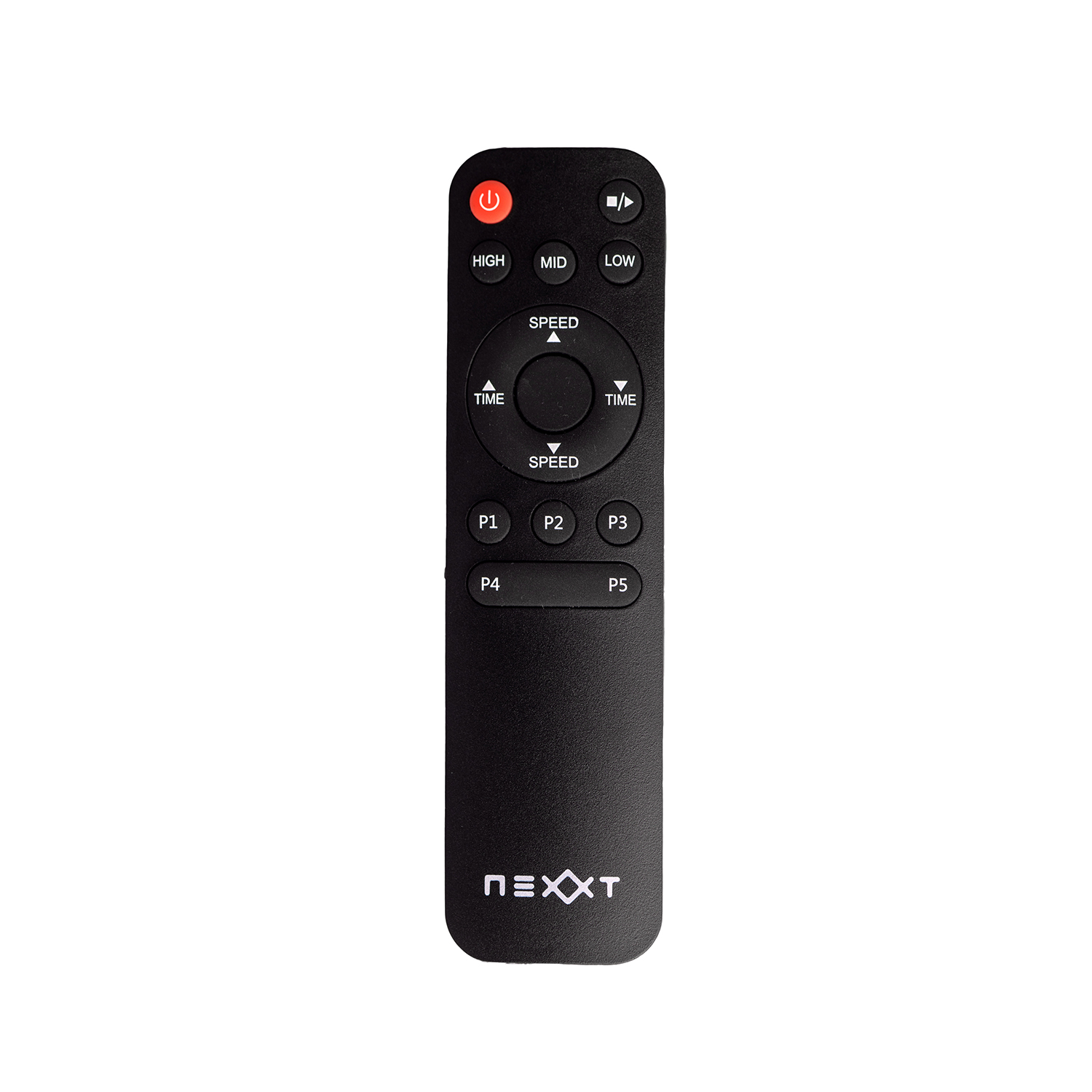 Black remote control with several buttons labeled: High, Mid, Low, Speed, Time, P1-P5, and NEXXT logo.