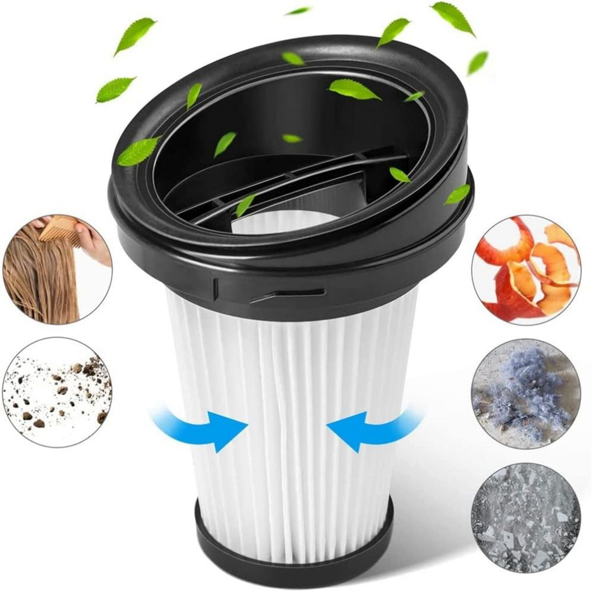 Vakuumfilter mit schwarzem Deckel. Haare, Schmutz und Apfelschalen sind in Kreisen abgebildet.