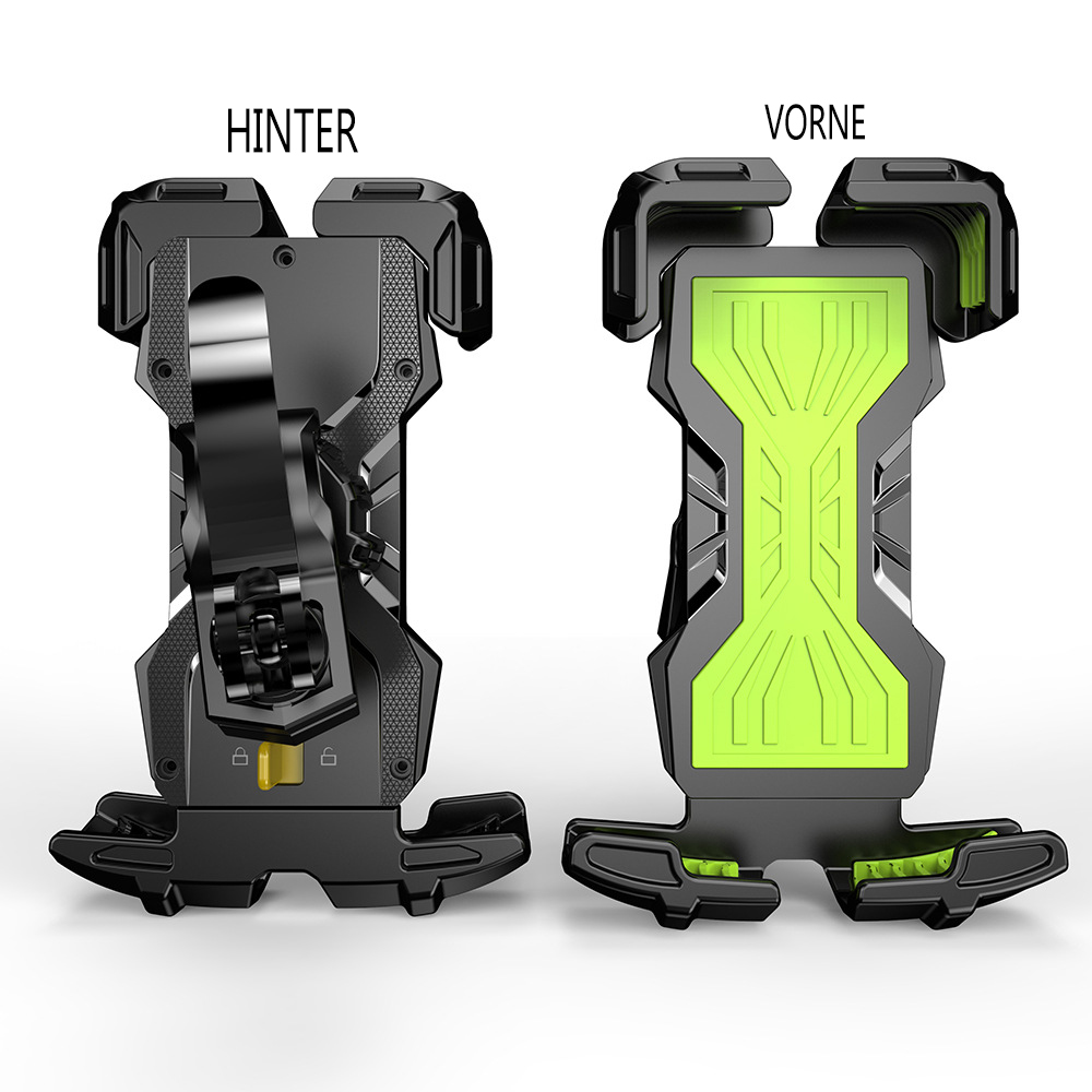 Gaming-Telefonhalter, schwarz-grünes Design, Vorder- und Rückansicht, auf weißem Grund.