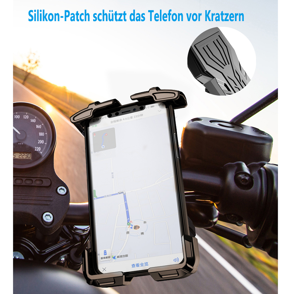 Ein Telefon ist an einem Motorrad montiert. Der Bildschirm zeigt eine Karte. Das Telefon hat eine Halterung.