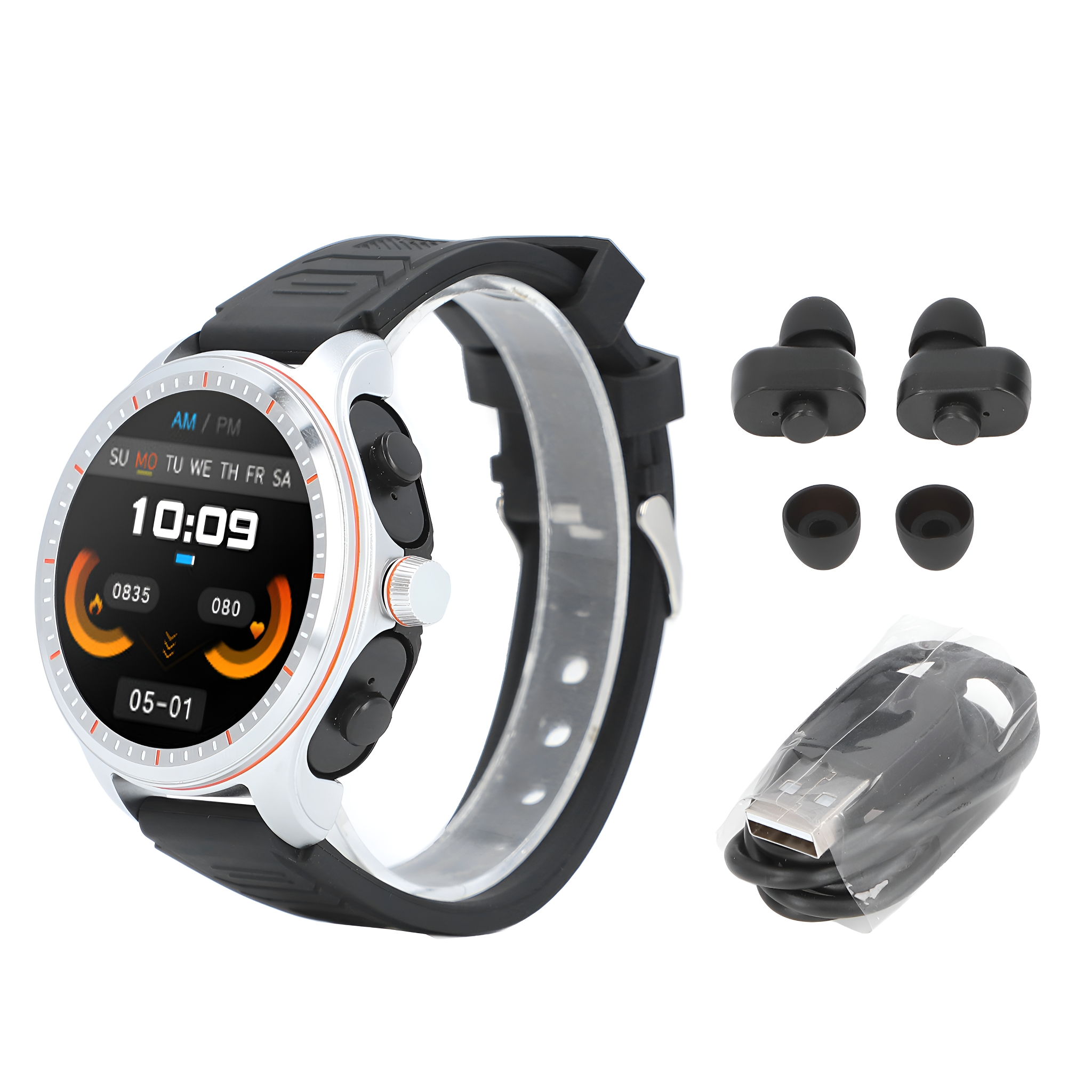 Smartwatch mit Ohrhörern, Ladekabel und Ohrstöpseln auf weißem Untergrund.
