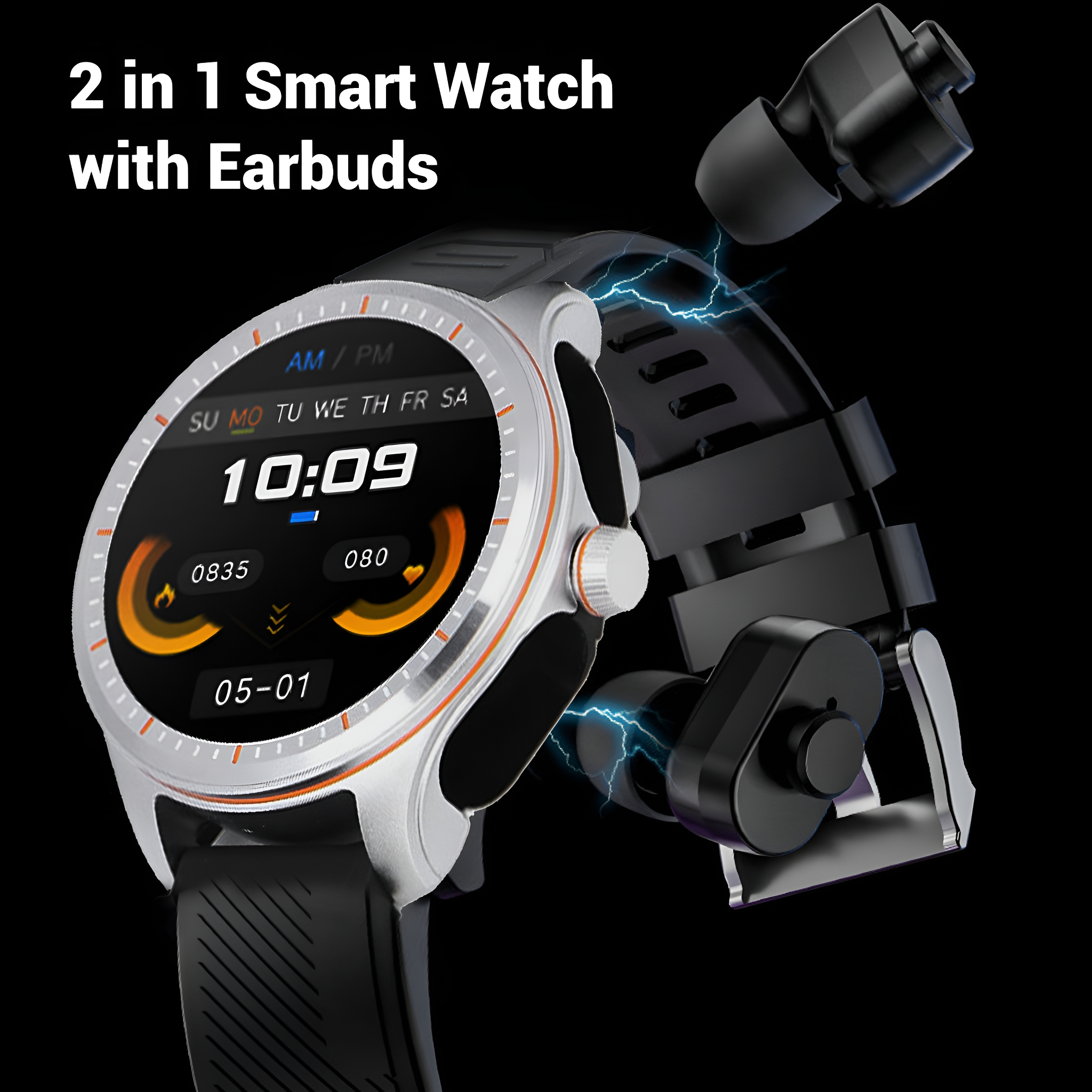 Smartwatch mit Ohrhörern. Schwarze und silberne Uhr mit digitaler Anzeige. Schwarzer Hintergrund.