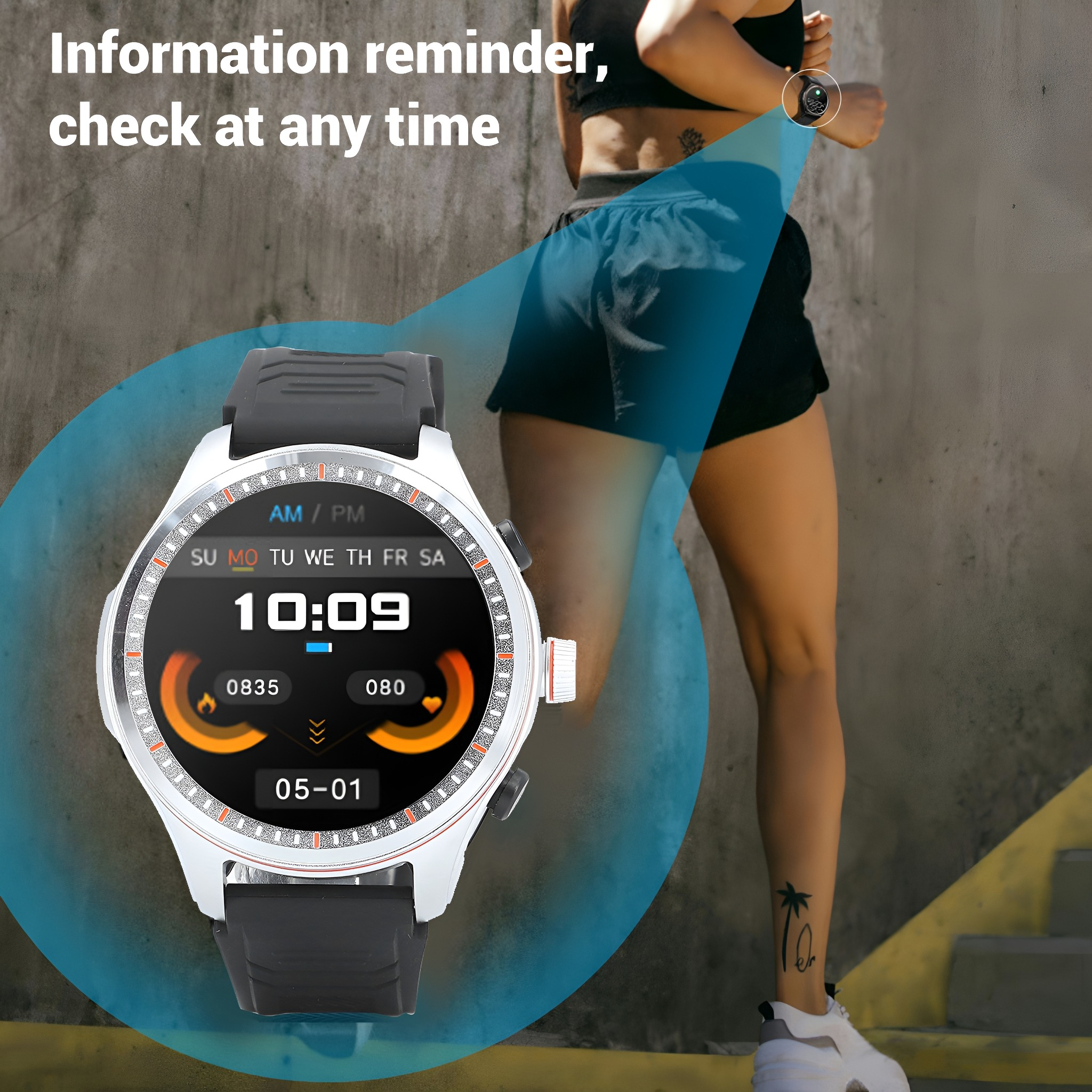 Eine Smartwatch zeigt die Uhrzeit 10:09, eine Frau rennt. Die Uhr hat ein schwarzes Armband, die Frau hat ein Tattoo und trägt schwarze Shorts.